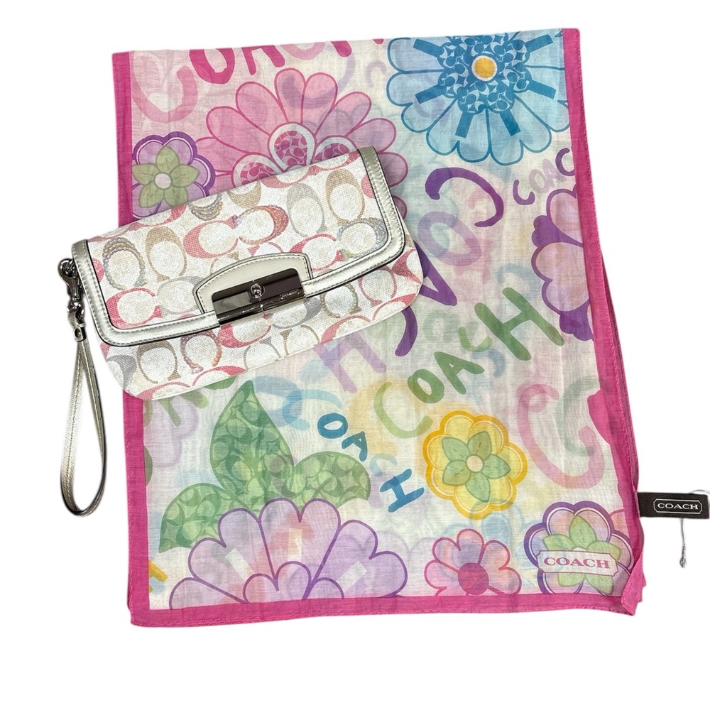 Coach Floral Scarf Set and Coach CC Pastel Silver sequin wristlet